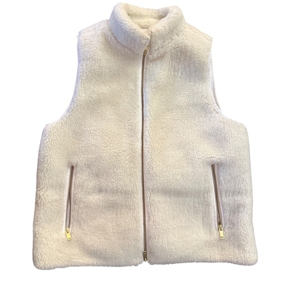 J Crew Sherpa Fleece Vest Cream Gold Zip Pockets Stand Collar Women's L - Picture 3 of 6